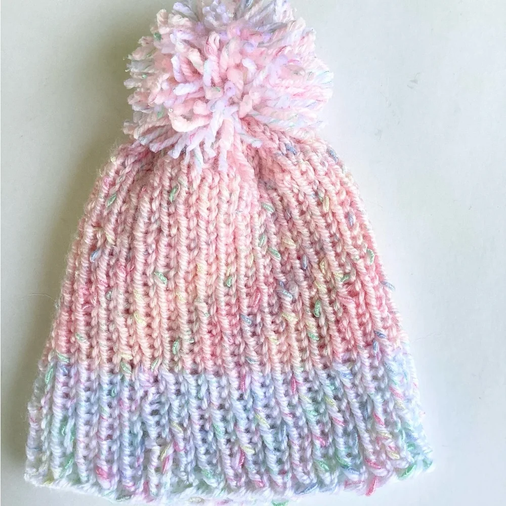 Beanie Pom Pom Hand Crafted Pastel Knit Pink White